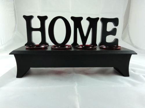 WOODEN WORDING STAND HOME WITH RED GLASS TEA LIGHT CANDLE HOLDER W27RD