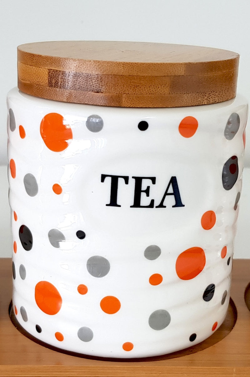 Copy of SET OF 3 CANISTER SET TEA COFFEE SUGAR POLKA DOT ORANGE ROUND WITH WOODEN STAND