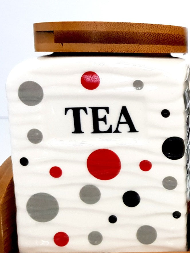 SET OF 3 CANISTER SET TEA COFFEE SUGAR POLKA DOT RED SQUARE WITH WOODEN STAND