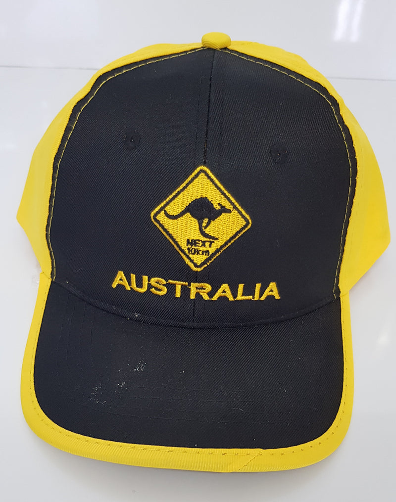 UNISEX MEN'S LADIES AUSTRALIAN SOUVENIR CAPS HATS EMBROIDERED BLACK AND YELLOW KANGAROO ROAD SIGN