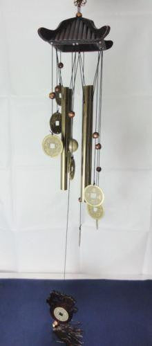 WIND CHIME  LUCKY COINS WITH CHINESE WOODEN PAGODA &  BRASS TUBES W32B
