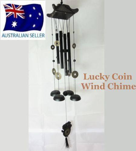 WIND CHIME LUCKY COINS WITH CHINESE WOODEN PAGODA & BLACK BRASS TUBES W32A