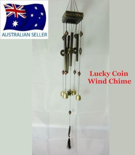 WIND CHIME LUCKY COINS WITH CHINESE WOODEN PAGODA & BRASS TUBES & BELLS FROG W30