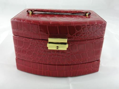 JEWELLERY BOX FAUX LEATHER LOCK AND KEY AUTOMATIC PULL OUT DRAWERS RED W36