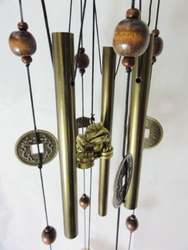 WIND CHIME LUCKY COINS WITH CHINESE WOODEN PAGODA & BRASS TUBES & BELLS FROG W30