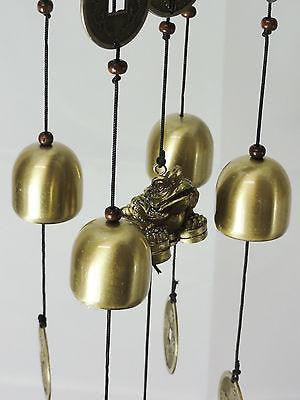 WIND CHIME BRASS LUCKY COINS WITH CHINESE WOODEN PAGODA & BRASS BELLS FROG W31