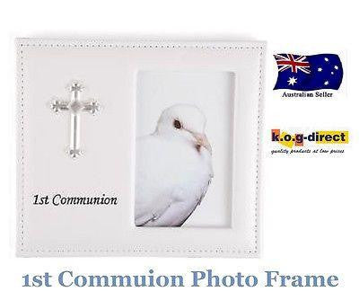 FIRST HOLY COMMUNION WHITE VINYL LEATHER PHOTO FRAME WITH CROSS 4"x 6"