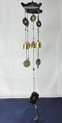 WIND CHIME BRASS LUCKY COINS WITH CHINESE WOODEN PAGODA & BRASS BELLS BUDDHA W31