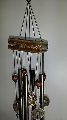 WIND CHIME LUCKY COINS CHINESE WOODEN PAGODA & BRASS TUBES & BELLS ELEPHANT W30