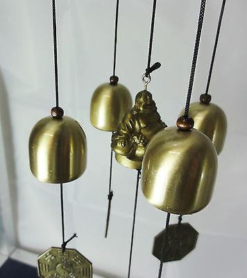 WIND CHIME BRASS LUCKY COINS WITH CHINESE WOODEN PAGODA & BRASS BELLS BUDDHA W31
