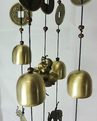 WIND CHIME BRASS LUCKY COINS & CHINESE WOODEN PAGODA & BRASS BELLS ELEPHANT W31