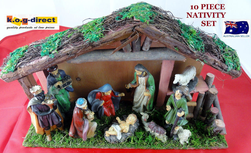 10 PIECE NATIVITY SET SCENE WITH 9 FIGURES AND WOODEN CRECHE STABLE NEW HW46