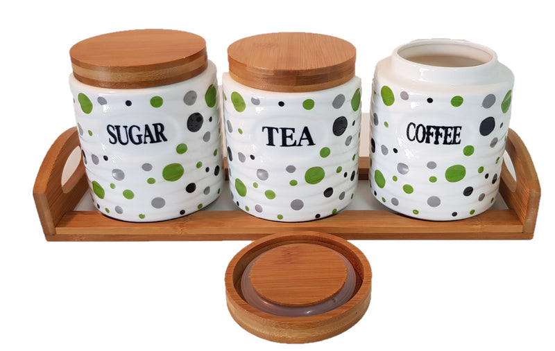 SET OF 3 CANISTER SET TEA COFFEE SUGAR POLKA DOT GREEN ROUND WITH WOODEN STAND