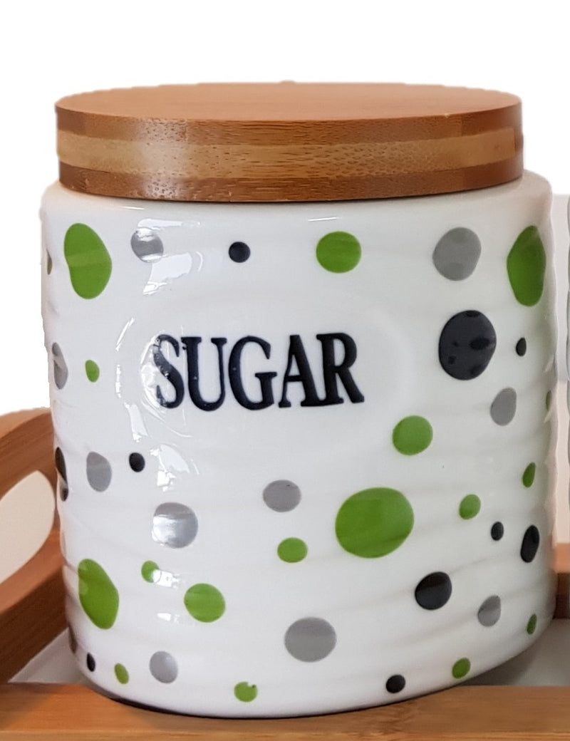 SET OF 3 CANISTER SET TEA COFFEE SUGAR POLKA DOT GREEN ROUND WITH WOODEN STAND