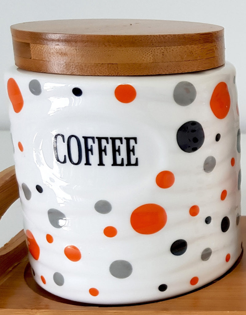 Copy of SET OF 3 CANISTER SET TEA COFFEE SUGAR POLKA DOT ORANGE ROUND WITH WOODEN STAND
