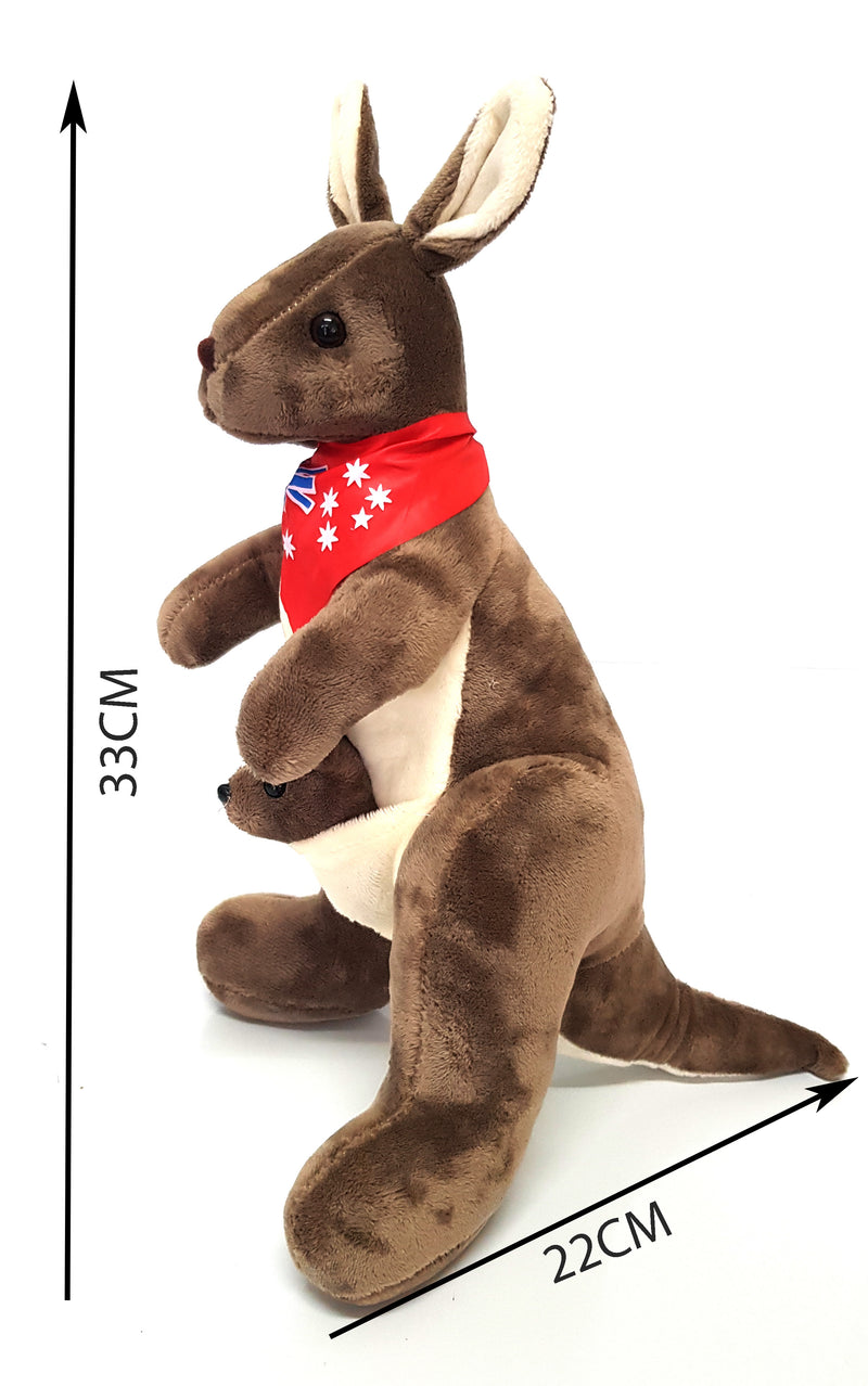 Australian Souvenir Soft Toy Kangaroo With Joey Mocha With Blue Scraf Flag HW675