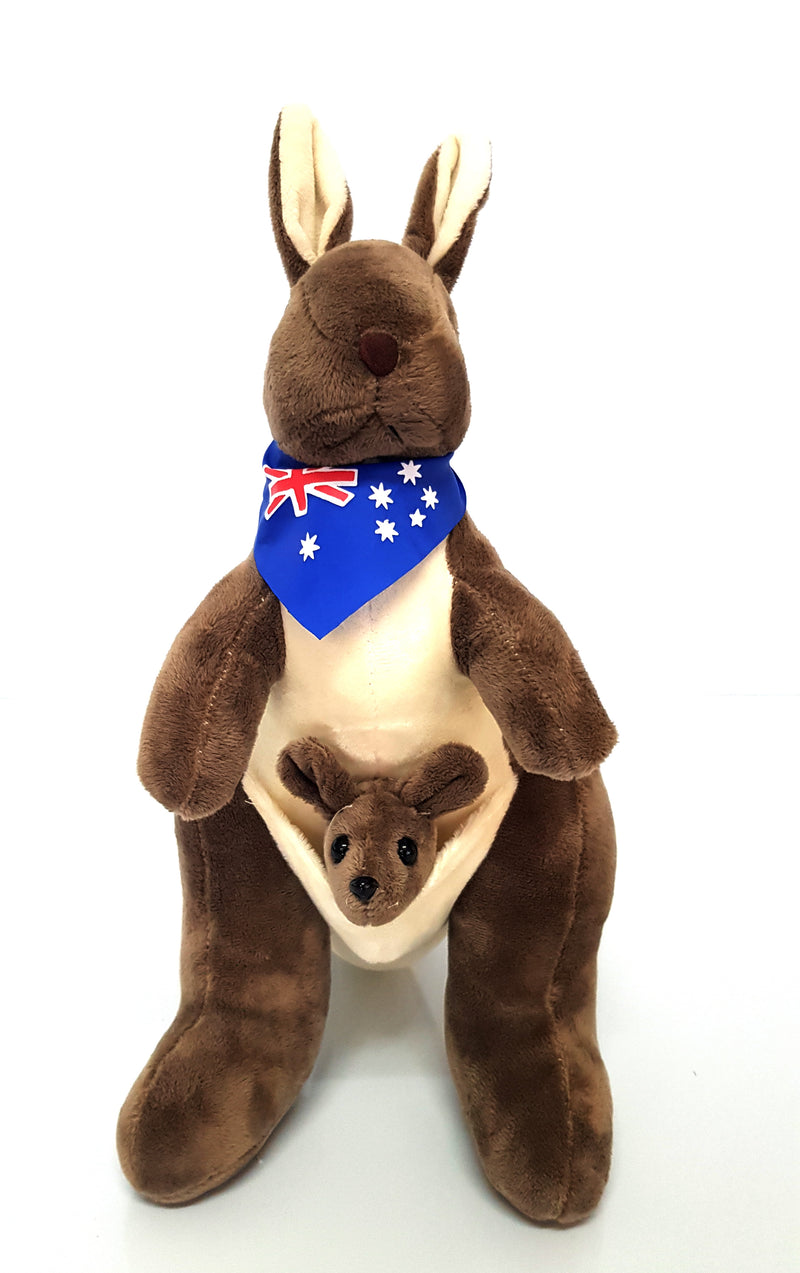 Australian Souvenir Soft Toy Kangaroo With Joey Mocha With Blue Scraf Flag HW675