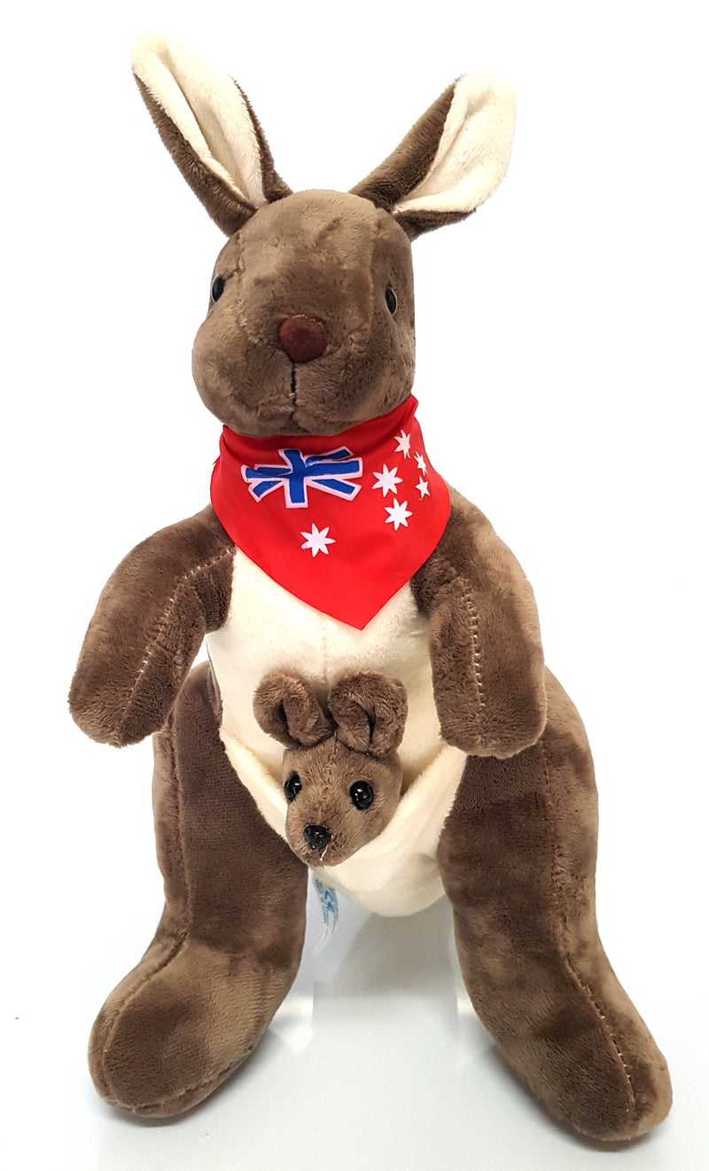Australian Souvenir Soft Toy Kangaroo With Joey Mocha With Red Scraf Flag HW675