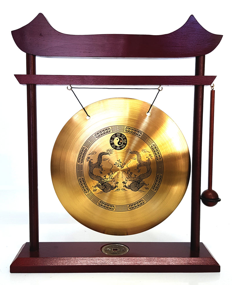 XTRA LARGE CHINESE DINNER & DECORATIVE BRASS DRAGON GONG & WOODEN STAND & HAMMER HW607