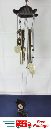 WIND CHIME  LUCKY COINS WITH CHINESE WOODEN PAGODA &  BRASS TUBES W32B