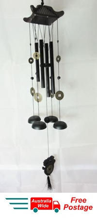 WIND CHIME LUCKY COINS WITH CHINESE WOODEN PAGODA & BLACK BRASS TUBES W32A