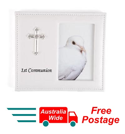 FIRST HOLY COMMUNION WHITE VINYL LEATHER PHOTO FRAME WITH CROSS 4"x 6"