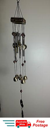WIND CHIME LUCKY COINS CHINESE WOODEN PAGODA & BRASS TUBES & BELLS ELEPHANT W30