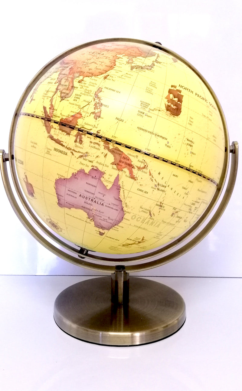VINTAGE HIGH QUALITY YELLOW WORLD GLOBE DOUBLE AXEL WITH BRASS BASE HOME 25cm