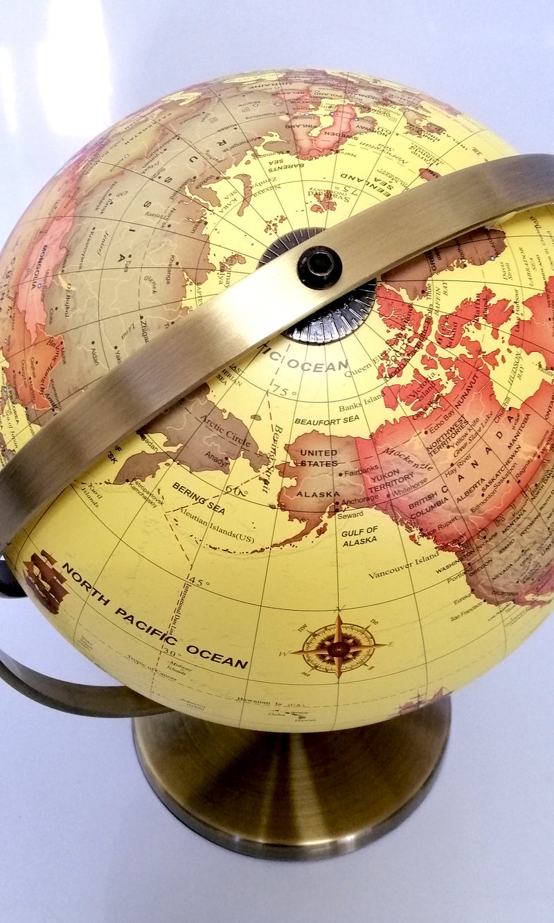 VINTAGE HIGH QUALITY YELLOW WORLD GLOBE DOUBLE AXEL WITH BRASS BASE HOME 25cm