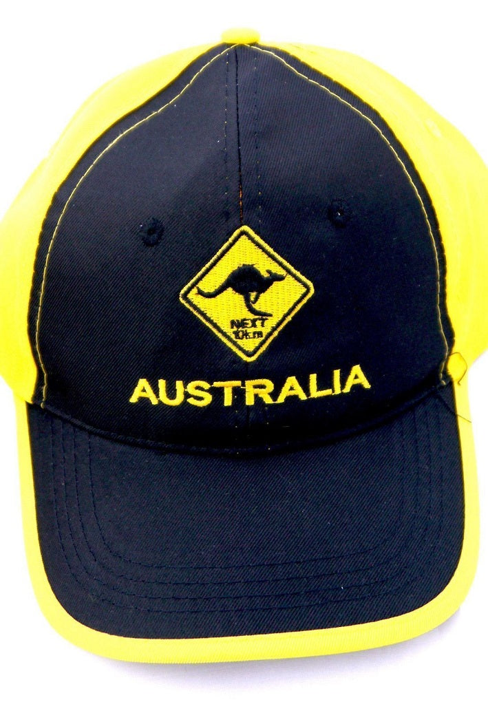 UNISEX MEN'S LADIES AUSTRALIAN SOUVENIR CAPS HATS EMBROIDERED BLACK AND YELLOW KANGAROO ROAD SIGN