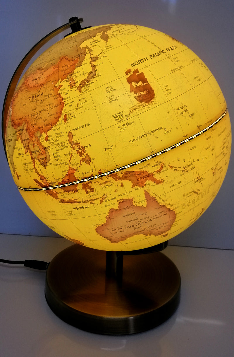 LED LIGHT UP VINTAGE HIGH QUALITY YELLOW WORLD GLOBE WITH BRASS BASE HOME 25cm