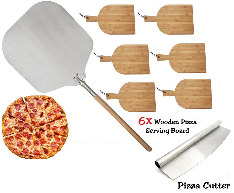 PIZZA SET 90CM PIZZA PEEL 6X RECTANGLE WOODEN SERVING BOARD PIZZA ROCKER CUTTER