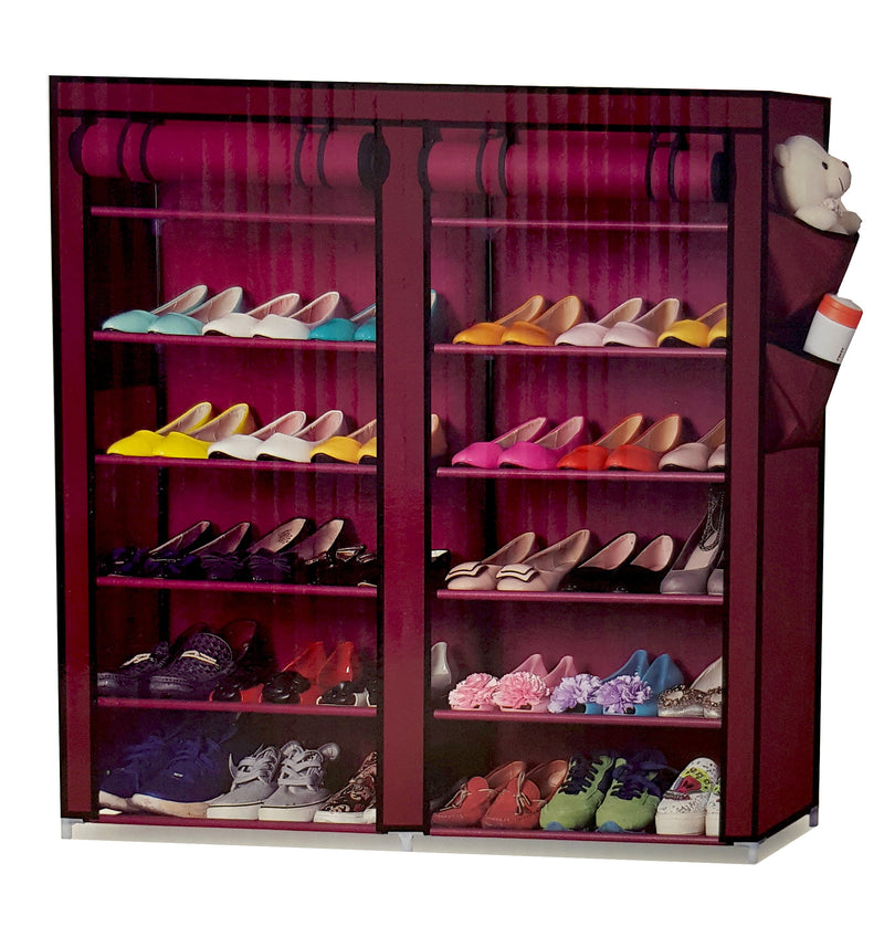 RED PORTABLE STORAGE SHOE CABINET RACK ORGANISER 28 PAIRS DOUBLE ROW HW387
