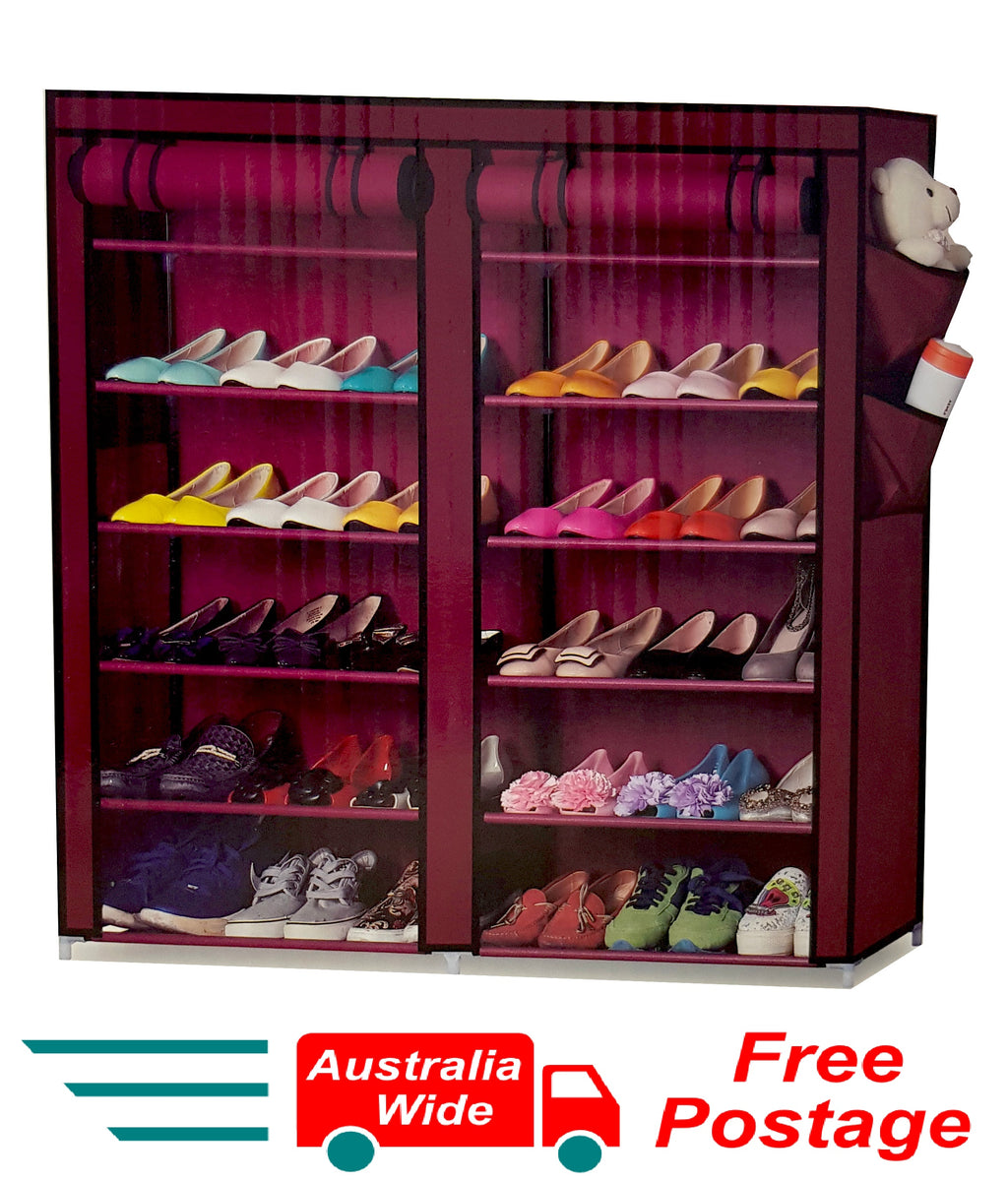 RED PORTABLE STORAGE SHOE CABINET RACK ORGANISER 28 PAIRS DOUBLE ROW HW387